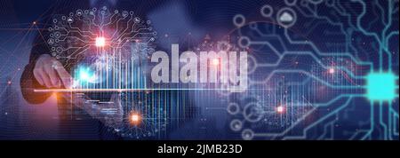 Data science, Businessman and Artificial Intelligence AI, Digital Technology concept. Businessman working digital tabletcomputer and big data, global Stock Photo