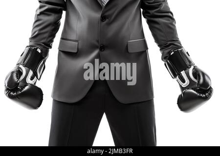Businessman boxer in black suit wearing sport boxing gloves Stock Photo