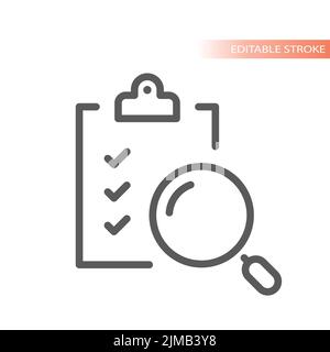 Clipboard line vector icon with magnifying glass. Checklist and tick with loupe outlined symbol. Stock Vector