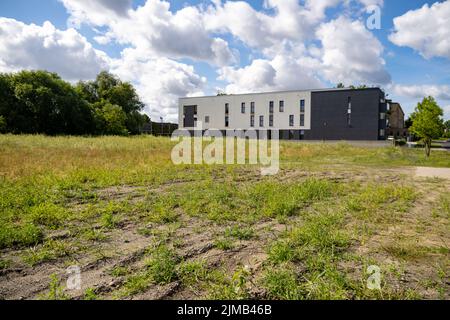 A green weeds field and trees close by an new modern apartment building in the Bernata street. Poznan, Poland Stock Photo