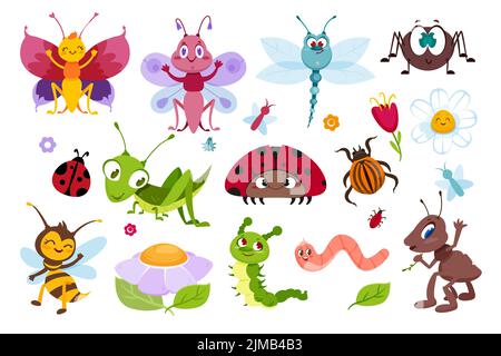 Flat vector set of cute insects. Funny bugs, smiling beetles and flowers isolated on white background. Kids collection of grasshopper, dragonfly with wings, ant, bee, caterpillar and red ladybug. Stock Vector