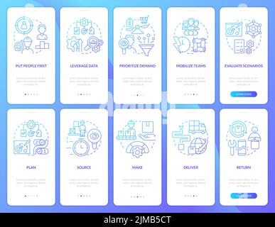 Supply chain priorities blue gradient onboarding mobile app screen set Stock Vector