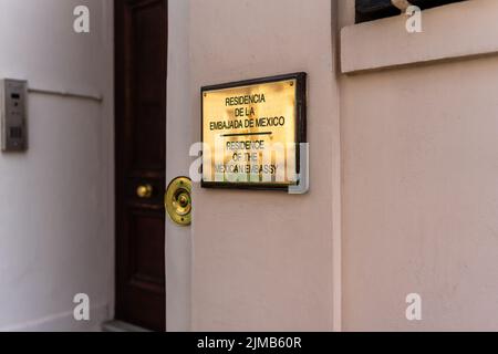 a close-up shot of a Gold plaque outside the Mexican Embassy, St George Street, London, UK Stock Photo