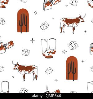 Hand drawn abstract vector graphic clipart illustration boho cowboy boots seamless pattern composition.Wild Western design concept.Bohemian wild west Stock Vector