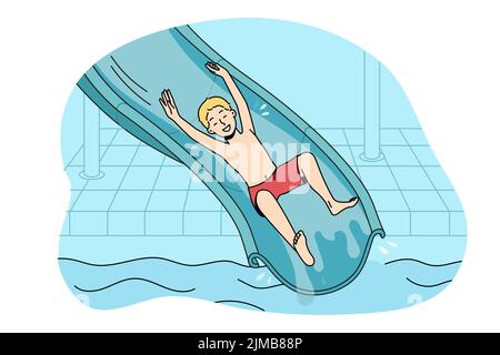 Overjoyed small boy riding from slide in aqua park. Smiling kid have fun enjoy water outdoor attractions in water park. Summer vacation. Vector illustration.  Stock Vector