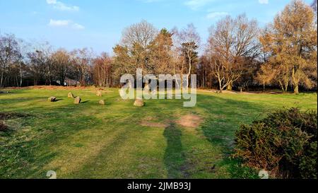 The Nine Ladies Stone Circle - an early Bronze Age historical landmark on Stanton Moor, England Stock Photo