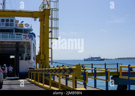 Poto Tano, West Sumbawa, Indonesia - July 9, 2022: ASDP ferry ships that are leaning on the Pototano harbor ready to depart Stock Photo