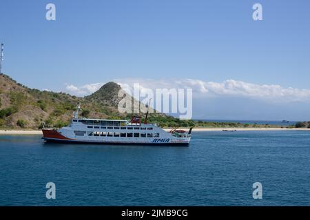 Poto Tano, West Sumbawa, Indonesia - July 9, 2022: ASDP ferry ships that are leaning on the Pototano harbor ready to depart Stock Photo