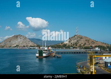 Poto Tano, West Sumbawa, Indonesia - July 9, 2022: ASDP ferry ships that are leaning on the Pototano harbor ready to depart Stock Photo