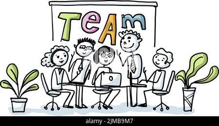 Different business people join a discussion in a team meeting in a corporate surrounding - Hand-drawn vector illustration - stick-figures. Vector Stock Vector