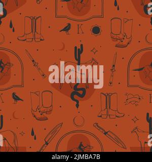 Hand drawn abstract vector graphic clipart illustration boho cowboy boots seamless pattern composition.Wild Western design concept.Bohemian wild west Stock Vector