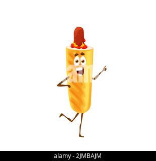 American corndog cartoon character, corn dog personage. Funny vector fast food, hotdog street junk meal with sausage, mustard or ketchup. Bistro, take Stock Vector