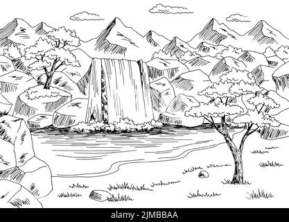 Waterfall desert graphic black white landscape sketch illustration vector Stock Vector