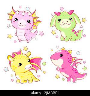 Set of kawaii fairy tale characters. Little dragons in various poses. Collection of funny happy baby dragons - flying, sitting, smiling. Cute fairytal Stock Vector