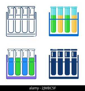 Test tubes on holder icon set in flat and line style. Chemical research laboratory equipment. Vector illustration. Stock Vector