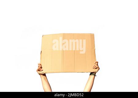 A cardboard Signs empty held by hands on a white background ready for ...