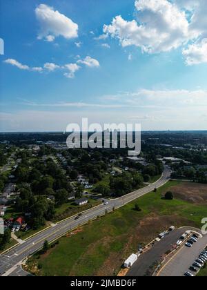 Aerial shot of Greensboro in North Carolina looking up Elm Street Stock ...