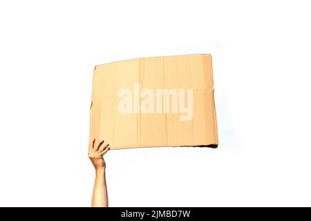 A cardboard Signs empty held by a hand on a white background ready for ...