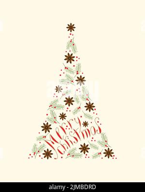 Christmas tree with Merry Christmas lettering, hand lettering, star anise fir coniferous branch juniper red berry. Vector illustration Stock Vector