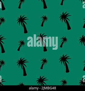 Palm tree. Silhouette. Seamless vector pattern. Outline on an isolated green background. Repeating ornament. Coconut. Tropical tree. Flat style. Stock Vector