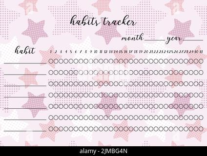 Habits tracker printable template. Blank notebook page horizontal A4. Vector illustration of paper sheet for marking habits success in month. Abstract Stock Vector