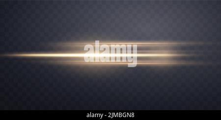 Gold horizontal lens flare. Sun flash with rays or gold spotlight and bokeh. Yellow glow flare light effect. Vector illustration. Stock Vector