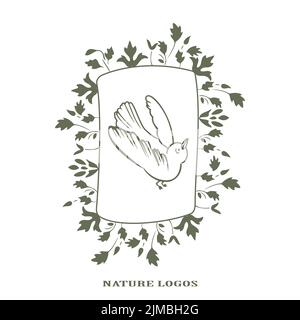 Outline wedding invitation floral card. Simple frame of wildflowers, stems, leaves, bird on white background. Vector illustration, greeting card, logo Stock Vector