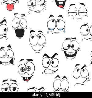 Seamless background with cartoon faces, vector pattern with funny characters smiling, happy, sad, think, excited, angry and upset emotions. Wallpaper, Stock Vector