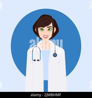 Flat female character medical worker, healthcare doctors. Vector illustration people cartoon avatar profile character. Half body woman with stethoscop Stock Vector