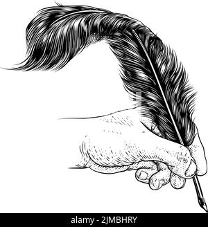 Quill Feather Ink Pen Hand Vintage Woodcut Print Stock Vector