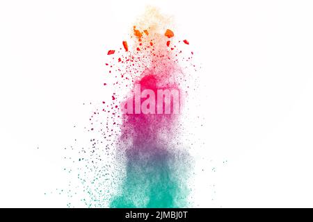 Abstract colorful dust particles textured background.Multicolored particles explosion on white. Stock Photo