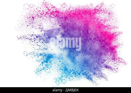 Blue pink powder explosion on white background. Color dust particle splashing. Stock Photo