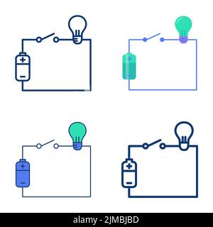 Simple electric circuit scheme icon set in flat and line style. Vector illustration. Stock Vector