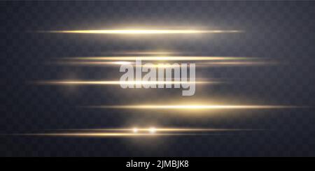 Gold horizontal lens flare set. Isolated on transparent background. Sun flash with rays or gold spotlight and bokeh. Yellow glow flare light effect. V Stock Vector