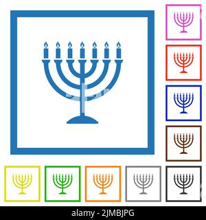 Menorah with burning candles solid flat color icons in square frames on white background Stock Vector