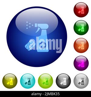 Disinfection spray and sponge icons on round glass buttons in multiple colors. Arranged layer structure Stock Vector