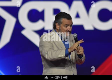 Dallas, Texas, USA. 5th Aug, 2022. (NEW) Ted Cruz delivers remarks at the Conservative Political Action Conference 2022 in Dallas, Texas. August 5, 2022, Dallas, TX, USA. Ted Cruz delivers remarks during the Conservative Political Action Conference (CPAC), held in the state of Texas, in United States, on Friday (5). Ted Cruz is an American politician and attorney serving as the junior United States senator for Texas since 2013. A member of the Republican Party, Cruz served as Solicitor General of Texas from 2003 to 2008. The conference is broadcast live on the CPAC website and online on Fox N Stock Photo