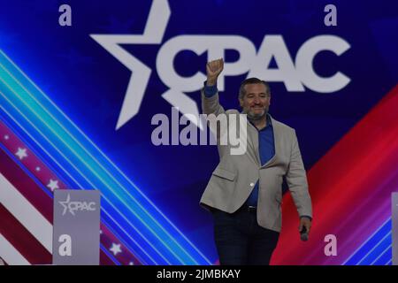 Dallas, Texas, USA. 5th Aug, 2022. (NEW) Ted Cruz delivers remarks at the Conservative Political Action Conference 2022 in Dallas, Texas. August 5, 2022, Dallas, TX, USA. Ted Cruz delivers remarks during the Conservative Political Action Conference (CPAC), held in the state of Texas, in United States, on Friday (5). Ted Cruz is an American politician and attorney serving as the junior United States senator for Texas since 2013. A member of the Republican Party, Cruz served as Solicitor General of Texas from 2003 to 2008. The conference is broadcast live on the CPAC website and online on Fox N Stock Photo