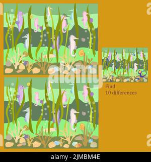 in the rebus for children under 6 years old seahorses, find 10 differences Stock Vector