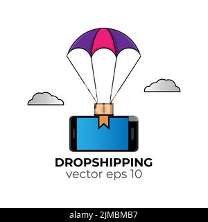 Dropshipping concept. Parachute in the sky delivering smartphone to destination. Vector illustration in line art style Stock Vector