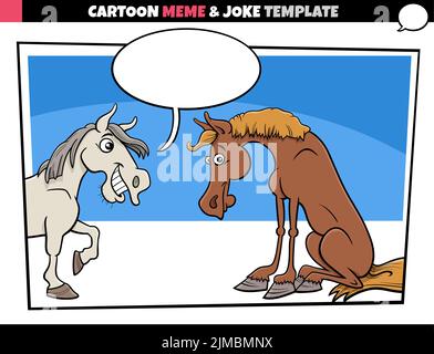 cartoon illustration of meme template with empty comic speech balloon and two funny horses Stock Vector