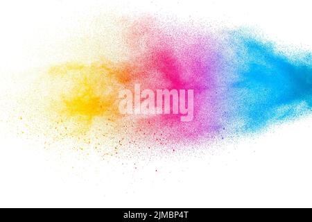Abstract colorful dust particles textured background.Multicolored powder explosion on white backgrou Stock Photo