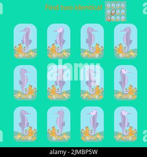 in the rebus for children under 6 years old seahorses, find two identical ones Stock Vector