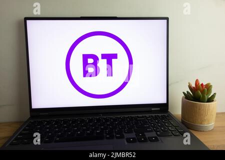 KONSKIE, POLAND - August 04, 2022: BT Group plc (formerly British Telecom) British multinational telecommunications holding company logo displayed on Stock Photo