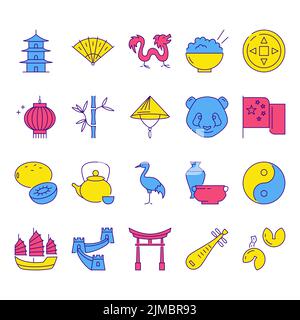 China icon set in colored line style. Chinese national symbols. Vector illustration. Stock Vector