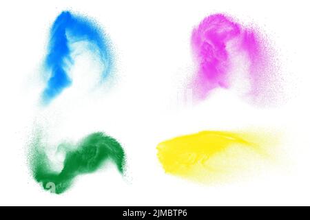 Set of variant color powder explosion on white background.Colorful dust explode. Painted Holi festiv Stock Photo