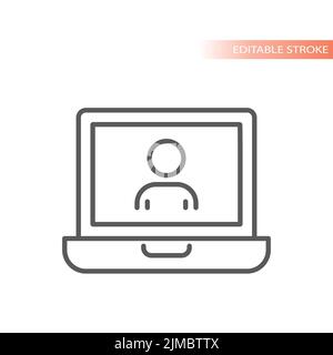 Person user profile and laptop line vector icon. Simple computer screen and man outlined symbol. Stock Vector