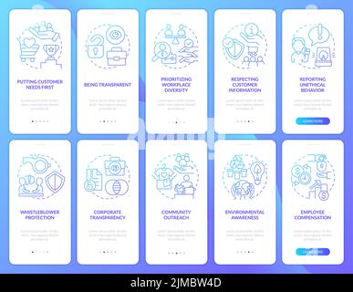 Corporate social responsibilities gradient onboarding mobile app screen set Stock Vector