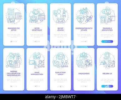 Developing employee integration blue gradient onboarding mobile app screen set Stock Vector