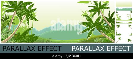 Tropical jungle landscape. Plants, shrubs and palms. Image from layers for overlay with parallax effect. Cartoon flat style. Mountains on horizon. Bac Stock Vector
